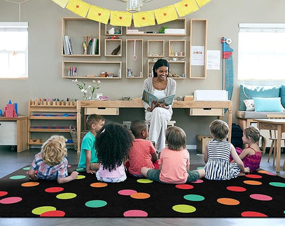 Flagship Carpets Schoolgirl Style Black White and Stylish Brights Polka Dots Classroom Area Rug for Indoor Classroom Learning or Kid Bedroom Educational Play Mat, 7'6"x12' - LeafyLoom