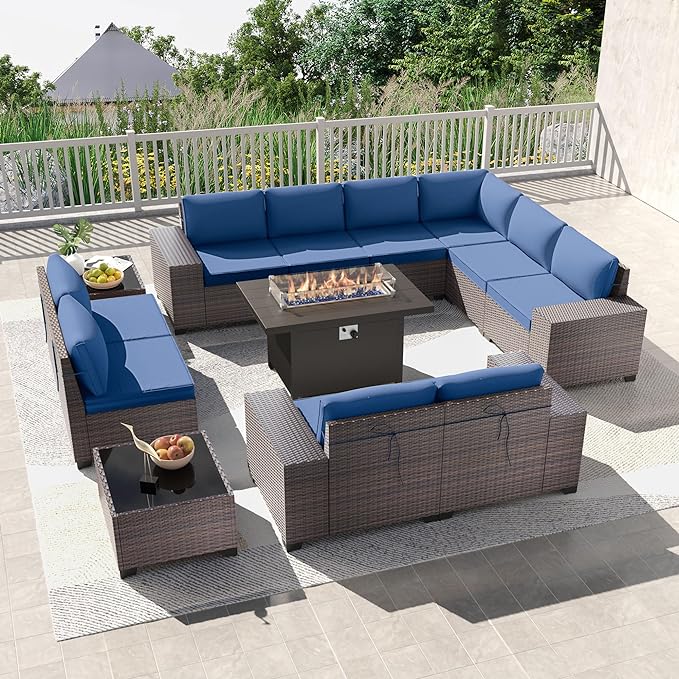 Kullavik 13PCS Outdoor Patio Furniture Set with 43" 55000BTU Gas Propane Fire Pit Table PE Wicker Rattan Sectional Sofa Patio Conversation Sets,Navy blue - LeafyLoom