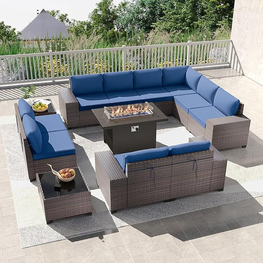 Kullavik 13PCS Outdoor Patio Furniture Set with 43" 55000BTU Gas Propane Fire Pit Table PE Wicker Rattan Sectional Sofa Patio Conversation Sets,Navy blue - LeafyLoom