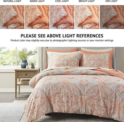 Comfort Spaces Bed in A Bag - Trendy Casual Design Cozy Comforter with Complete Sheet Set with Side Pocket, All Season Cover, Matching Shams, Queen(90"x90"), Gloria, Damask Coral 9 Piece - LeafyLoom