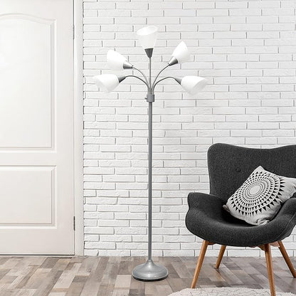 Simple Designs LF2006-SVW 67" Contemporary Multi Head Medusa 5 Light Adjustable Gooseneck Silver Floor Lamp with White Shades for Kids Bedroom Playroom Living Room Office - LeafyLoom