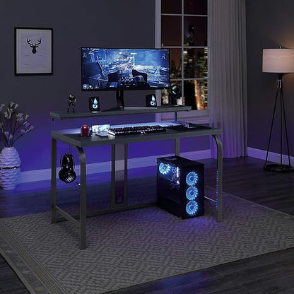 OSP Home Furnishings Reload Gaming Desk with Wireless Charging, USB Power Hub, and Remote Controlled RGB LED Lights, Matte Grey Carbon Fiber - LeafyLoom