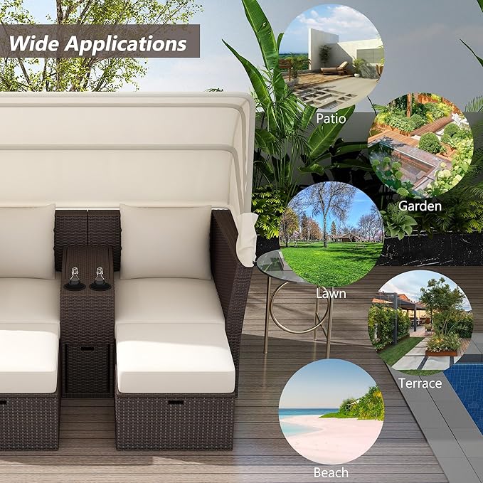 2-Seater Outdoor Patio Convertible Sunbed, All Weather Rattan Double Daybed Couch Foldable Awning, Cushions and Storage Boxes, Loveseat Sofa Set for Garden, Poolside, Balcony, Ab-Beige - LeafyLoom