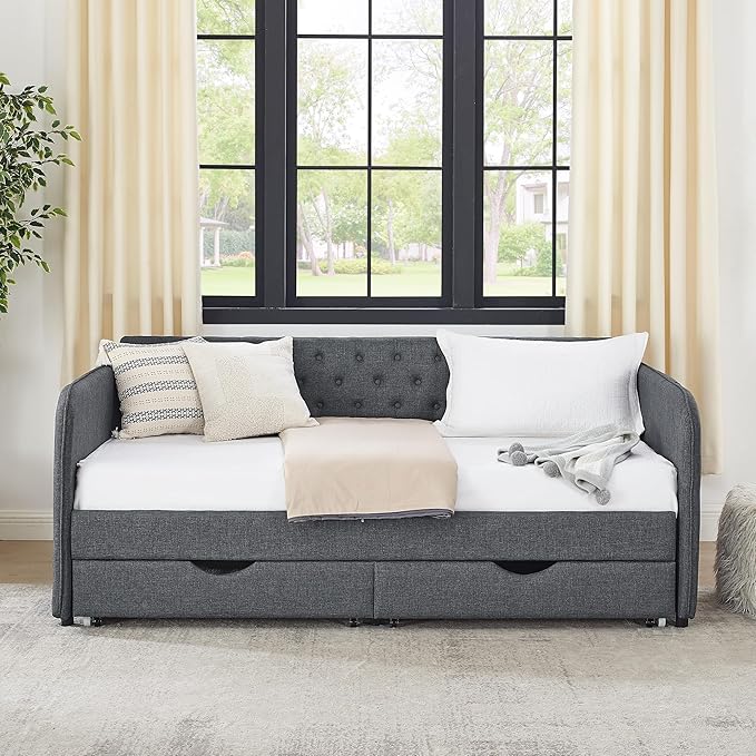 Twin Size Upholstery modern Daybed, Trundle Bed and Two Storage Drawers,pull out Button Tufted Sofa Armrest side with pocket,for Bedroom Living Room,Linen Dark Grey - LeafyLoom