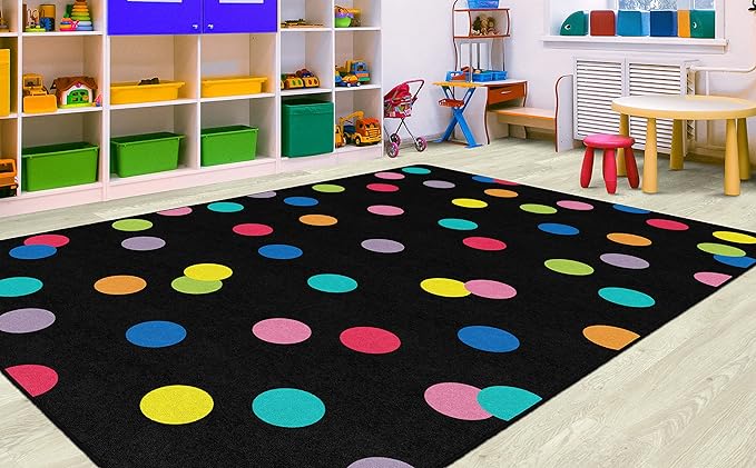 Flagship Carpets Schoolgirl Style Just Teach Rainbow Polka Dots Classroom Area Rug for Indoor Classroom Learning or Kid Bedroom Educational Play Mat, 7'6" x 12', Multi - LeafyLoom