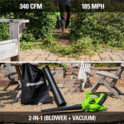 Greenworks 40V (185 MPH / 340 CFM / 75+ Compatible Tools) Cordless Brushless Leaf Blower / Vacuum, 4.0Ah Battery and Charger Included - LeafyLoom