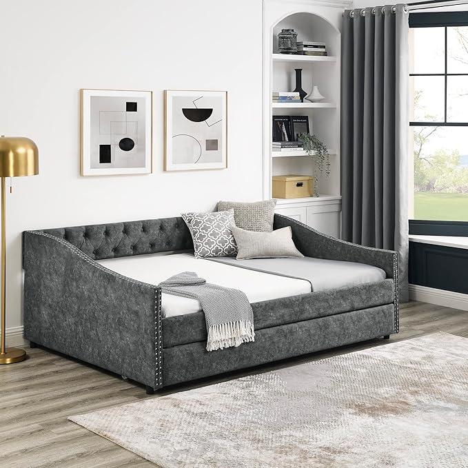 RITSU Full Size Daybed Pull Out Upholstered, with Casters，Tufted Buttons on Back, Wooden Frame Sofa Bed, Copper Nail on Waved Shape Arms, for Bedroom, Living Room, 80.50, Grey-3 - LeafyLoom