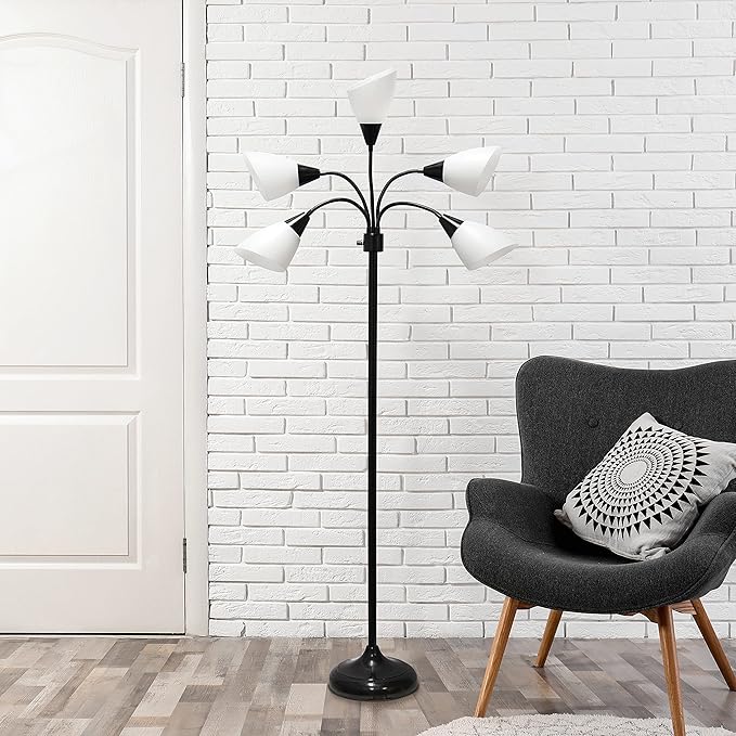 Simple Designs LF2006-BAW 67" Contemporary Multi Head Medusa 5 Light Adjustable Gooseneck Black Floor Lamp with White Shades for Kids Bedroom Playroom Living Room Office - LeafyLoom