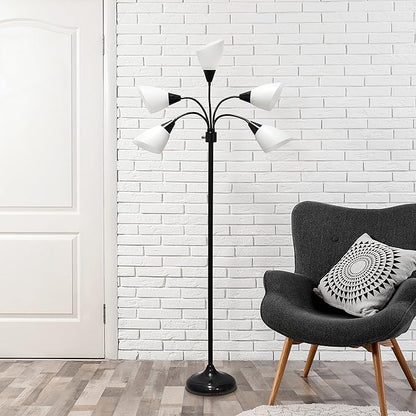 Simple Designs LF2006-BAW 67" Contemporary Multi Head Medusa 5 Light Adjustable Gooseneck Black Floor Lamp with White Shades for Kids Bedroom Playroom Living Room Office - LeafyLoom