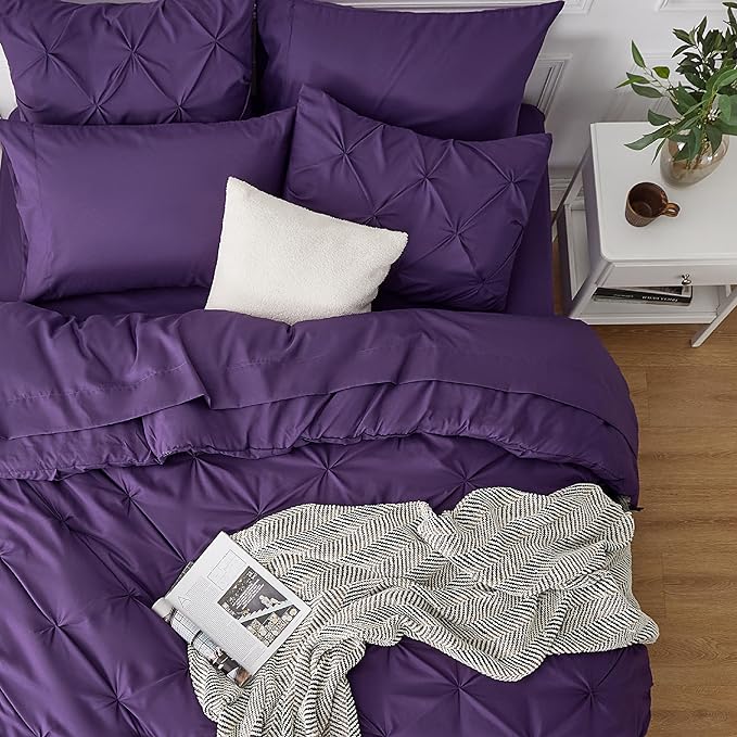 Bedsure King Size Comforter Set - Bedding Set King 7 Pieces, Pintuck Bed in a Bag Purple Bed Set with Comforter, Sheets, Pillowcases & Shams - LeafyLoom