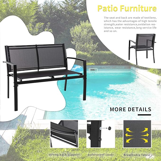 Shintenchi 4 Pieces Patio Furniture Set All Weather Textile Fabric Outdoor Conversation Set, with Glass Coffee Table, Loveseat, 2 Single Chairs for Home, Garden, Lawn, Porch（Black） - LeafyLoom