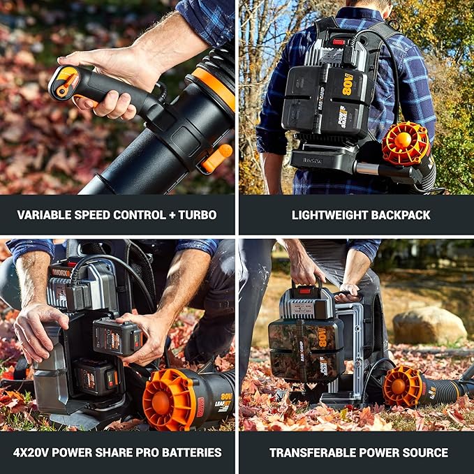 Worx Nitro 80V Cordless Leaf Blower, 800 CFM 150 MPH, Brushless Backpack Electric Leaf Blower WG572, Turbine Fan, Variable Air Control – 4 PowerShare Batteries, Basecamp Charger Included - LeafyLoom