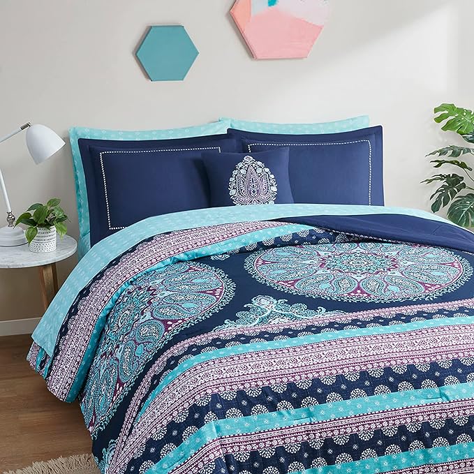 Degrees of Comfort Queen Bed Set, Boho Mandala Comforter Sets with Sheets,Blue Microfibe Bed in A Bag with Side Pockets, Matching Decorative Pillow, 8 Piece Navy - LeafyLoom