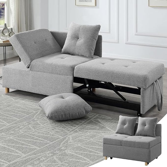 4-in-1 Convertible Sleeper Sofa, Single Pull Out Couch Chair with 6-Level Adjust Backrest Loveseat with Storage and Pillows, Modern Recliner for Living Room Apartment Office, Light Grey - LeafyLoom