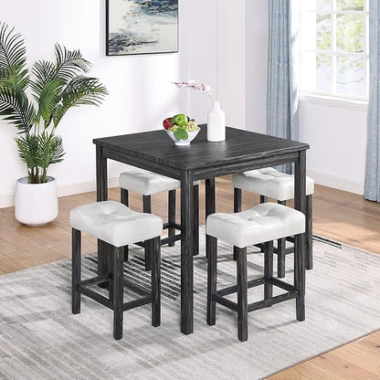 5 Piece Square, Industrial Breakfast Table + 4 Upholstered Stools, Bistro Dining Set, for Living, Small Apartment, Farmhouse, Game Room, Black+White - LeafyLoom