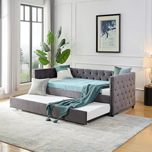 Twin Size Velvet Upholstered Daybed with Twin Trundle, Solid Wood Sofa Bed w/Button Tufted Backrest, for Living Room, Bedroom, Dorm, No Box Spring Needed, Space-Saving Design, Grey - LeafyLoom