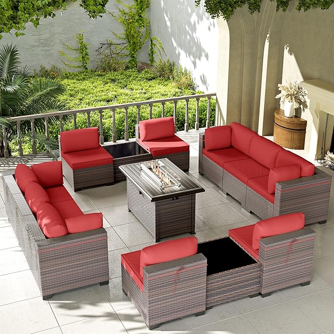 Kullavik 13 Pieces Outdoor Patio Furniture Set with 43" 55000BTU Gas Propane Fire Pit Table PE Wicker Rattan Sectional Sofa Patio Conversation Sets,Red - LeafyLoom