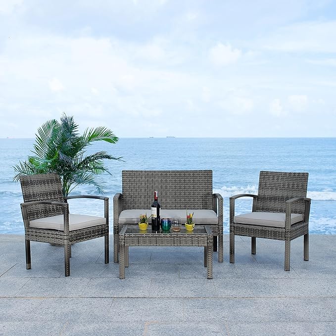 Safavieh PAT7507B Collection Bassey Grey 4-Piece Outdoor Living Patio Set - LeafyLoom