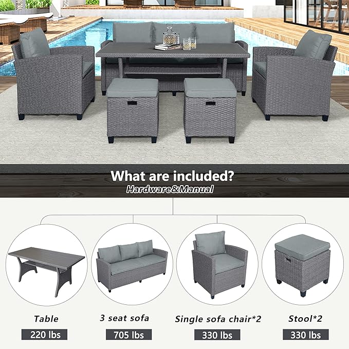 7 Pieces Patio Furniture Outdoor Sectional Sofa Conversation Set All Weather Wicker Rattan Couch Dining Table & Chair with Ottoman, OneSize, Cb-Grey - LeafyLoom