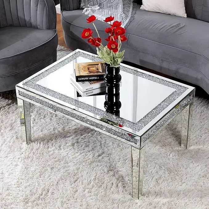 Silver Coffee Table with Crystals Inlay, 35 inches Modern Contemporary Accent Side or Coffee Table for Living Room with Mirrored Finished - LeafyLoom