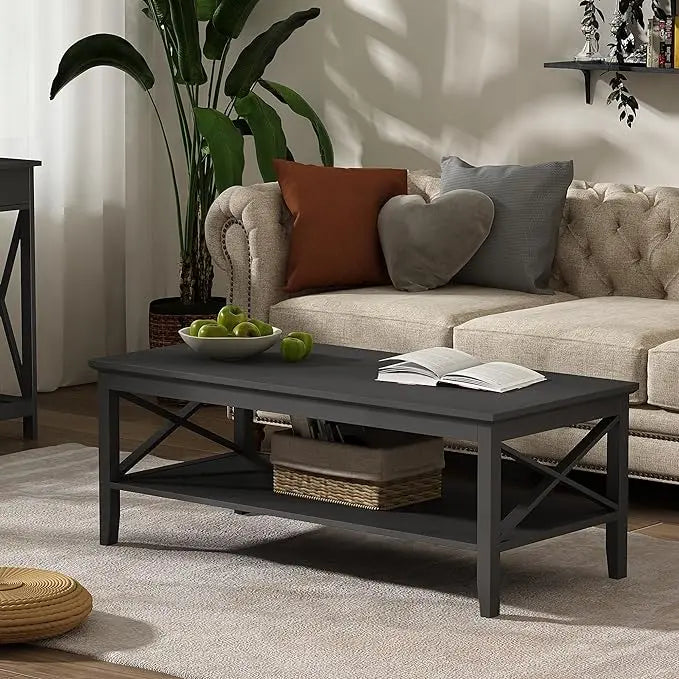 ChooChoo Oxford Coffee Table with Thicker Legs, Black Wood Coffee Table with Storage for Living Room, 47 inch - LeafyLoom