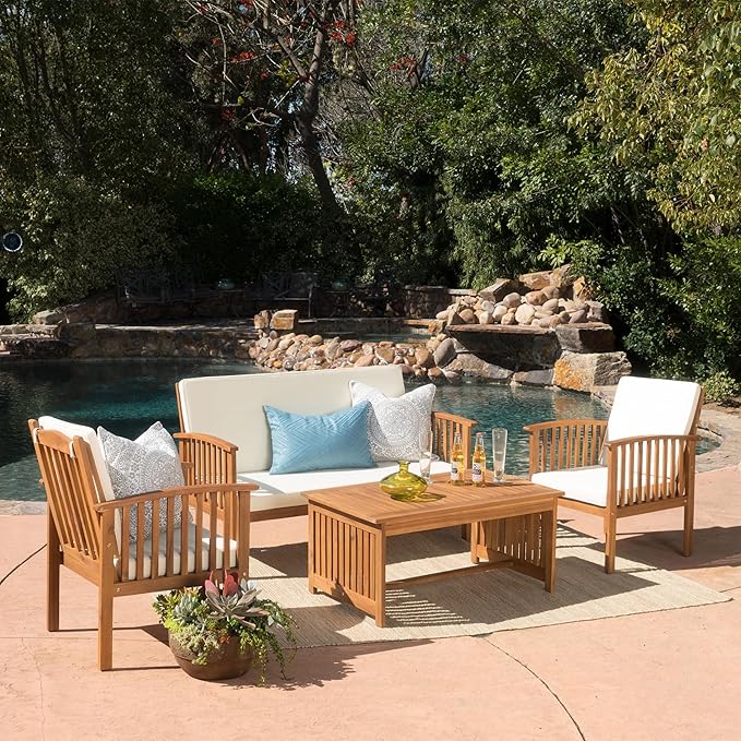 Christopher Knight Home Carolina Outdoor Acacia Sofa Set, 4-Pcs Set, Brown Patina + Cream Cushion - LeafyLoom