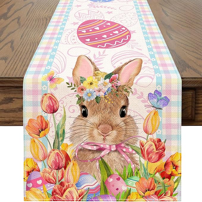 Easter Table Runner 72 Inch Easter Bunny Eggs Table Runner Buffalo Plaid Check Decor for Kitchen Dining Table Home Party Decorations Unibyby