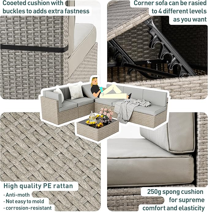 Pamapic Patio Furniture Set, 7 Pieces Modular Outdoor Sectional,Wicker Patio Sectional Sofa Conversation Set, Rattan Sofa with Coffee Table and Washable Cushions Covers, Grey Rattan(Grey Cushions) - LeafyLoom