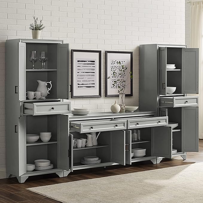 Crosley Furniture Tara 3-Piece Sideboard and Pantry Set, Distressed Gray - LeafyLoom