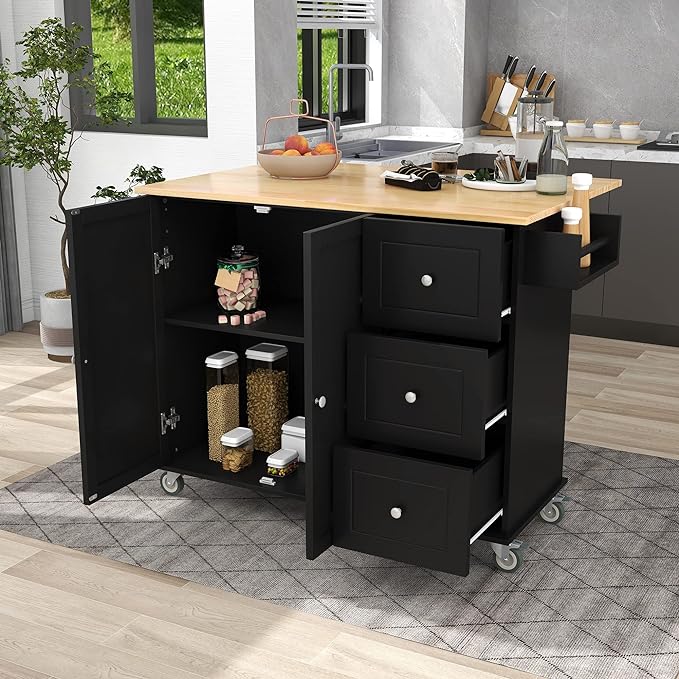 52.7 Cart with Wood Top and Drop Leaf Breakfast Bar, Rolling Mobile Island Towel Rack,Large Storage Cabinet Kitchen Table for Dinning Room, Black, 52.76 Inch - LeafyLoom