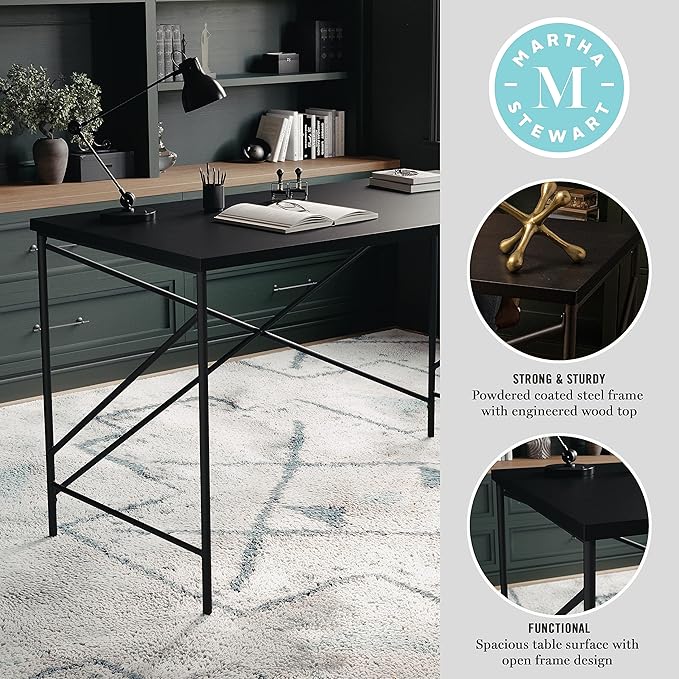 Martha Stewart Maddox Home Office Parsons Desk in Black Wood Grain with Oil Rubbed Bronze Metal X-Frame - LeafyLoom