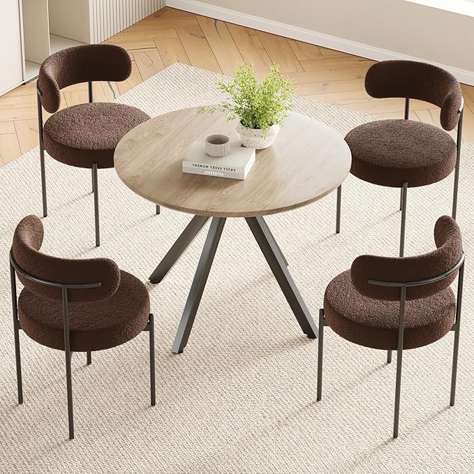 Farini Brown Dining Table for 4-6 Person,39" Round Wooden Dining Tabletop and Metal Frame for Home Kitchen Dining Desk (39 inch,100cm) - LeafyLoom