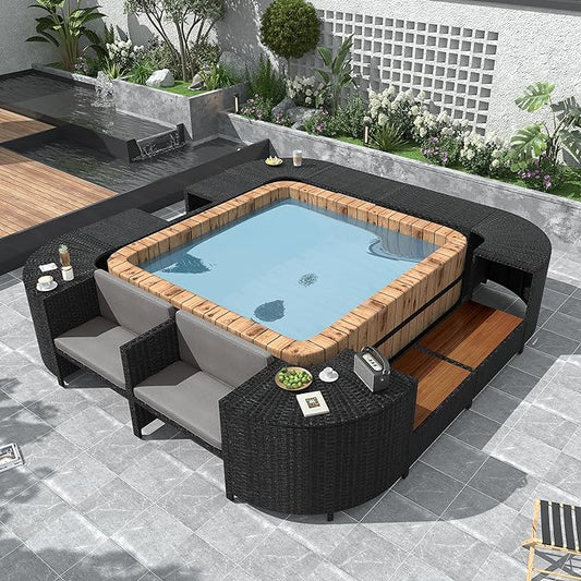 Outdoor Patio Furniture Set Spa Surround Quadrilateral Sofa with Wood Seatings, Rattan Sectional Couch w/Storage Space and Waterproof Cushions, for Yard Pool Backyard, Grey - LeafyLoom