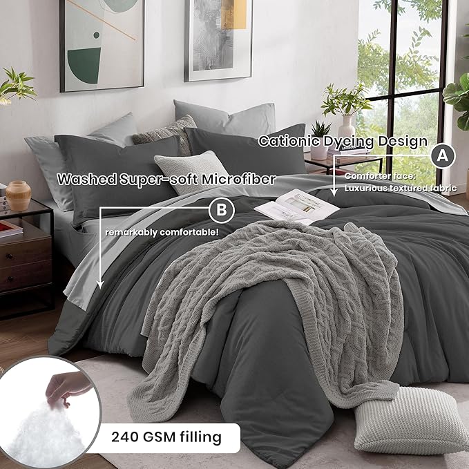 Monbix King Size Comforter Set, Dark Grey King Size Bed Set Reversible, King Size Comforter Set 7 Pieces, Cationic Dyeing Bed in a Bag with Comforter, Sheets, Pillowcases & Shams - LeafyLoom