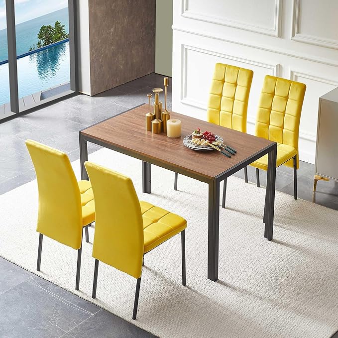 NicBex Dining Table Set for 4 Kitchen Table Set 5-Piece Dining Set Including Velvet High Back Nordic Dining Chair & Creative Design MDF Dining Table for Kitchen, Dining Room, Yellow - LeafyLoom