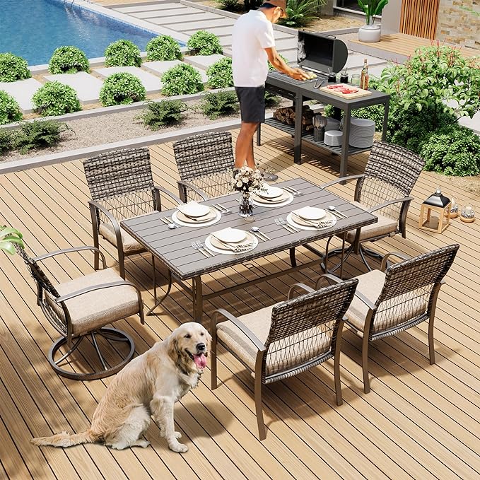 Pamapic 7 Piece Patio Dining Set for 6,Wicker Outdoor Furniture Set for Backyard Garden Deck Poolside with Iron Slats Table Top,4 Dining Chairs and 2 Swivel Rockers,Removable Cushions(Gray) - LeafyLoom