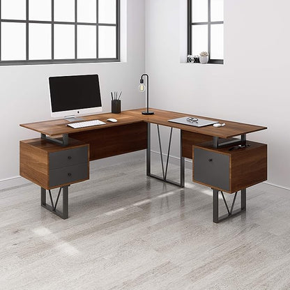 NicBex Laik-DW-00045-DX Desks, 59" W x 57.75" D x 30" H, Walnut - LeafyLoom