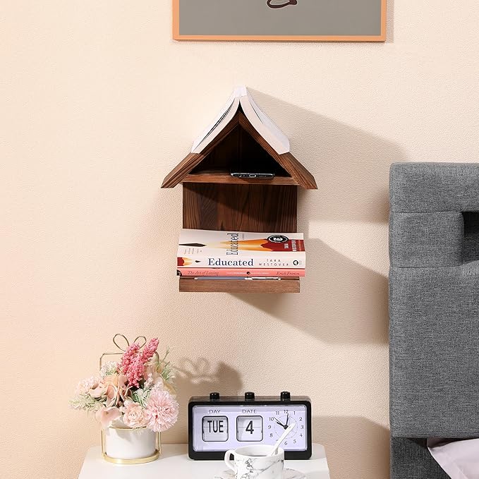 Floating Bedside Wood Bookshelf, Triangle Book Page Holder, Wooden Simple Bookcase for Bedroom Nightstand Library Office or Wall Decor Storage (Brown - LeafyLoom