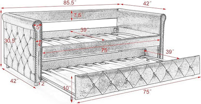 Upholstered Twin Size Daybed with Twin Trundle, Solid Wooden Sofa Bed Frame w/Button Tufted and Copper Nail on Square Arms, No Spring Box Need，Grey - LeafyLoom