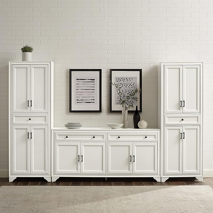 Crosley Furniture Tara 3-Piece Sideboard and Pantry Set, Distressed White - LeafyLoom