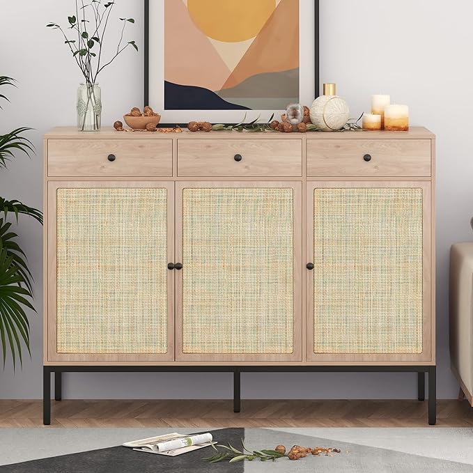 XIAO WEI Sideboard Cabinet Buffet Cabinet with Handmade Natural Decorated Doors and 3 Drawers Rattan Cabinet, Accent Cabinet, Console Table with Metal Legs for Living Room, Hallway, Entryway - LeafyLoom