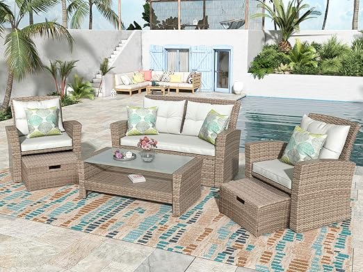 Set, 4 Piece Outdoor Wicker Rattan Sectional Sofa with Glass Table, Ottoman and Soft Cushions, Front Porch Apartment Patio Furniture for Backyard Lawn Garden, E-Beige b - LeafyLoom