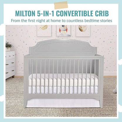 JPMA & Greenguard Gold Certified Milton 5-in-1 Convertible Crib Made with Sustainable New Zealand Pinewood in Pebble Grey, Non-Toxic Finish - LeafyLoom