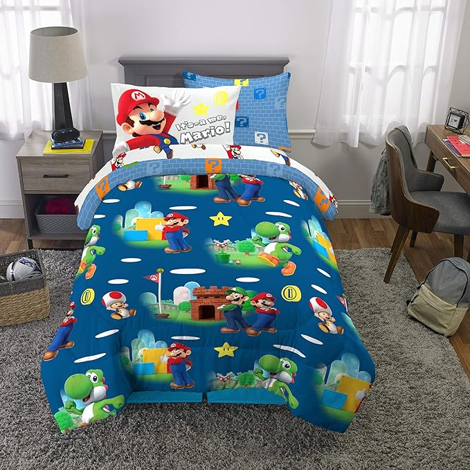 Franco Kids Bedding Super Soft Comforter and Sheet Set with Sham, 5 Piece Twin Size, Mario - LeafyLoom