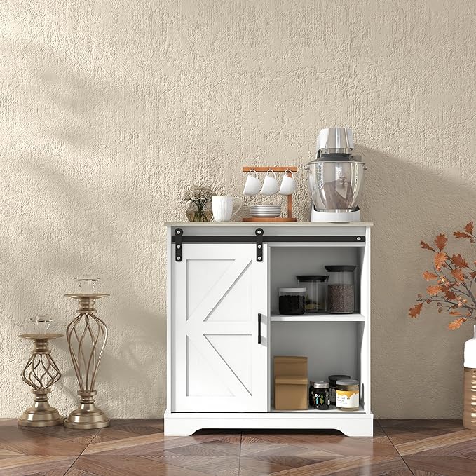 Panana Sliding Barn Door Buffet Sideboard Storage Cabinet Coffee Bar Kitchen Farmhouse Style (White Cabinet Nature Top) - LeafyLoom