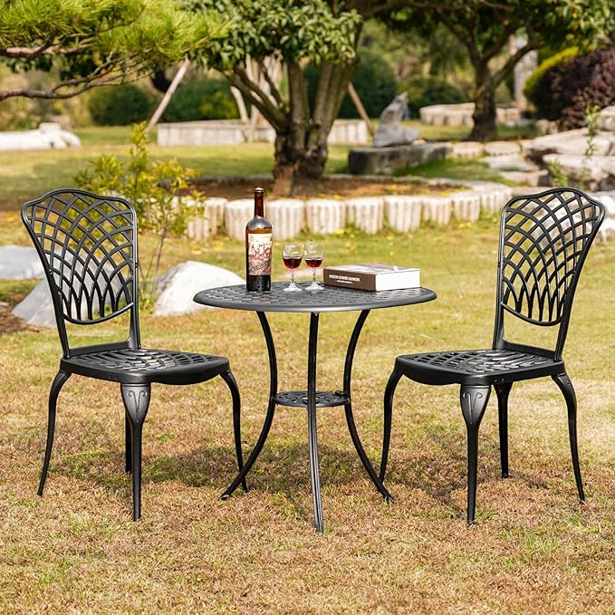 3 Piece Bistro Table Set Anti-Rust Outdoor Bistro Set Cast Alumiunm Patio Table and Chairs Set for 2, Patio Bistro Set Furniture Black - LeafyLoom