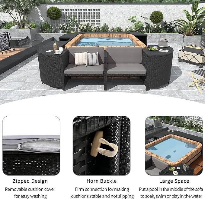 Outdoor Patio Furniture Set Spa Surround Quadrilateral Sofa with Wood Seatings, Rattan Sectional Couch w/Storage Space and Waterproof Cushions, for Yard Pool Backyard, Grey - LeafyLoom