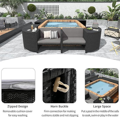 Outdoor Spa Surround Set Patio Furniture with Storage Space, Wood Seatings and Waterproof Cushions, Quadrilateral Rattan Sectional Sofa, for Backyard Deck Poolside, Onesize, Grey - LeafyLoom