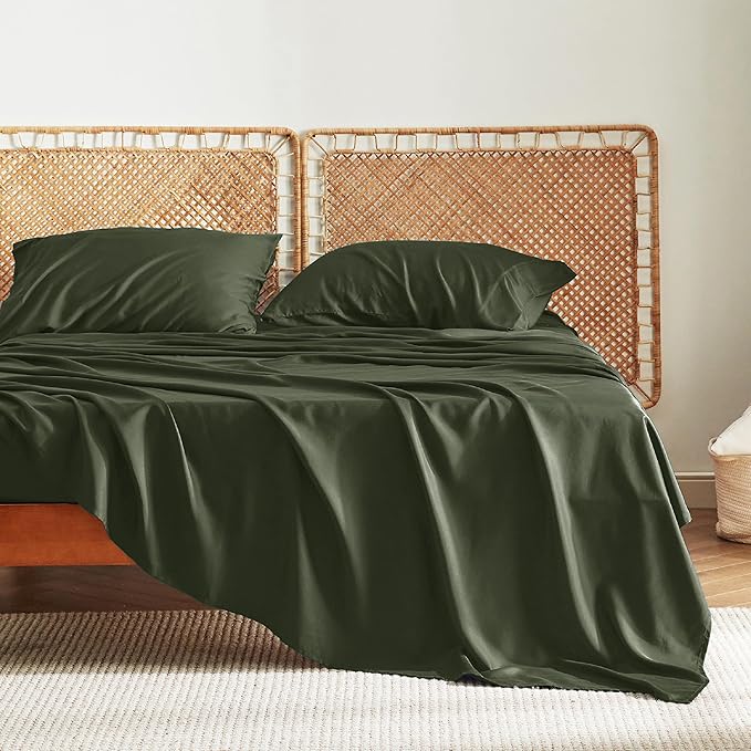 Bedsure Full Size Sheets, Cooling Sheets Full, Rayon Derived from Bamboo, Deep Pocket Up to 16", Breathable & Soft Bed Sheets, Hotel Luxury Silky Bedding Sheets & Pillowcases, Olive green - LeafyLoom