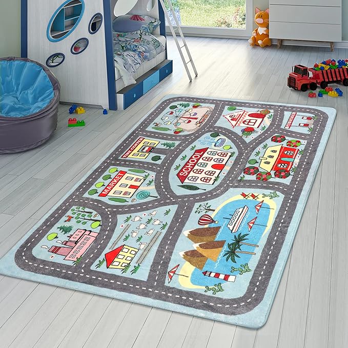 LIVEBOX Soft Kids Rug 4'x6' Carpet Play Mat for Baby Boys Girls, City Life Road Traffic Playroom Rug for Playing Cars Toys, Educational Nursery Rug for Children Bedroom Kids Room - LeafyLoom